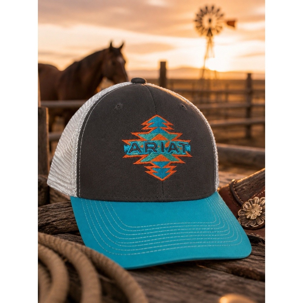 Ariat Southwestern Aztec Trucker Hat Turquoise Orange Mesh SnapBack Cap Women's